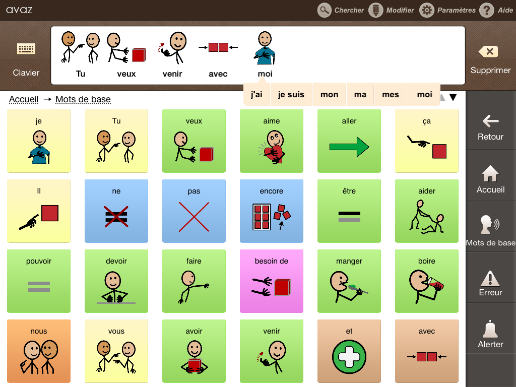 Diapo 2 : Clavier de synthèse vocale de  l'application avaz. La phrase tapée est : 'Tu veux venir avec moi'. Un menu sur la droite affiche les options suivantes : 'Retour' 'Accueil' 'Mots de base' 'Erreur' 'Alerter'