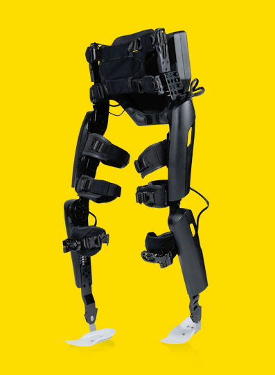 Diapo 3 : Exosquelette ReWalk (Jambes uniquement) sur fond Jaune.