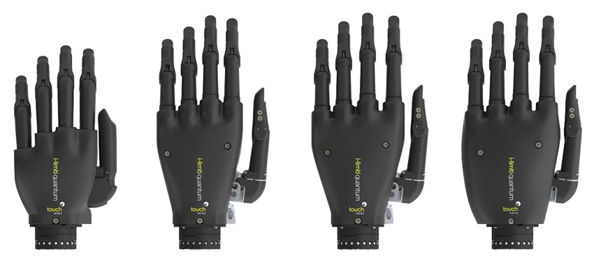 Diapo 3 : Quatre prothèses de main i-Limb de tailles différentes.