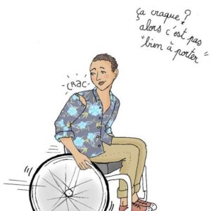 Dessin d’une personne se déplaçant en fauteuil roulant, dont la chemise se déchire. Légende:  » Ça craque? Alors c’est pas « bien à porter » « 