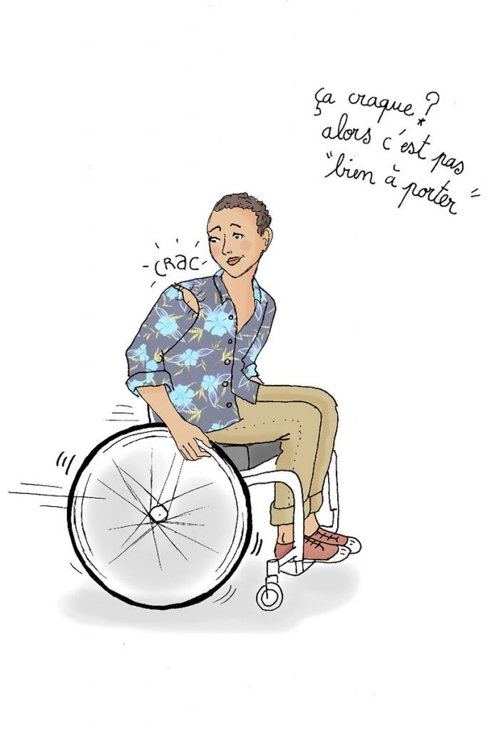 Diapo 3 : Dessin d'une personne se déplaçant en fauteuil roulant, dont la chemise se déchire. Légende: ' Ça craque? Alors c'est pas 'bien à porter' '