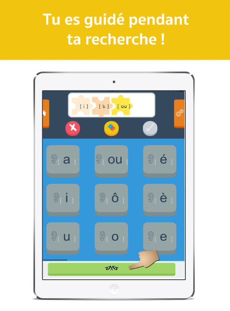 Diapo 3 : Smartphone affichant le clavier des sons de l'application Dicodys. Légende: 'Recherche les mots son par son'