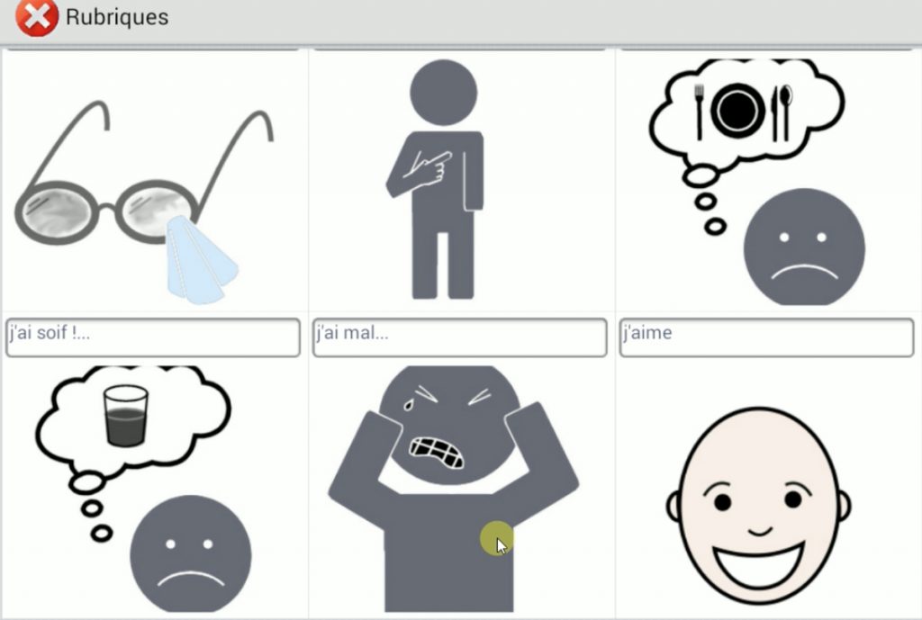 Diapo 2 : Exemple de rubriques de l'application : 'j'ai soif' 'j'ai mal' 'j'aime'
