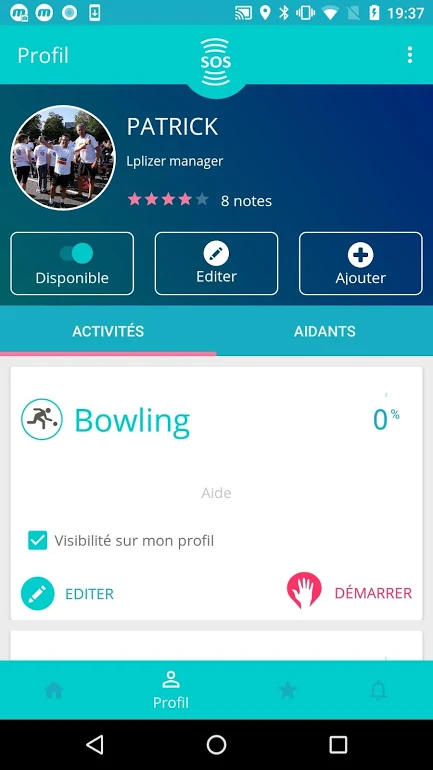 Diapo 5 : Page de profil de l'application Lpliz. Nom 'Patrick' Options: 'Disponible' 'Éditer' 'Ajouter'. Rubrique 'Activité': 'Bowling 0%' 'Éditer' 'Démarrer'