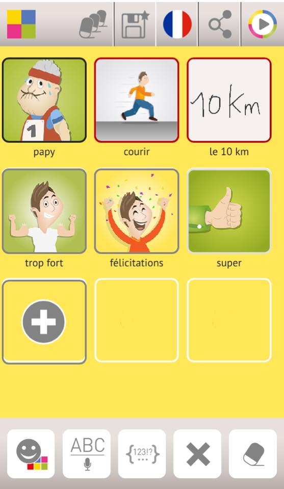 Diapo 2 : Application Talk Different, exemple de phrase écrite avec l'application: 'Papy' 'Courir' 'LE 10 KM' 'Trop fort' 'Félicitation' 'Super'.