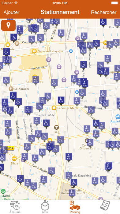 Diapo 3 : Page de l'application Handicap.fr Indiquant les places de stationnement handicapés à proximité.