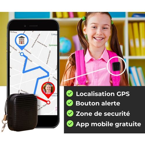 Diapo 5 : Image d'une petite fille qui a le swap GPS accroché à son sac, connecté à un smartphone, et avec à côté écrit 'Localisation GPS, Bouton Alerte, Zone de sécurité, App mobile sunshine'