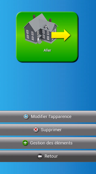 Diapo 4 : Application Dis-moi!, Mot Affiché 'Aller', menu: 'Modifier l'apparence' 'Supprimer' 'Gestion des éléments' 'Retour'.