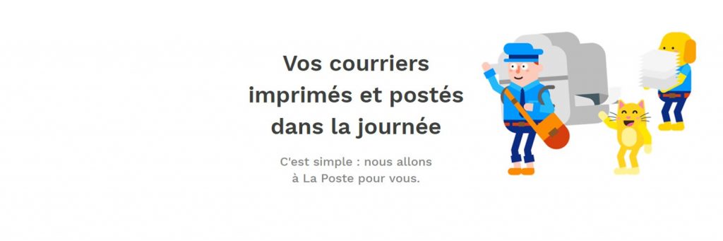 Diapo 3 : Centre de l'image: légende : 'Vos courriers imprimés et postés dans la journée, C'est simple nous allons à la poste pour vous', droite de l'image: logo du site Merci Facteur.