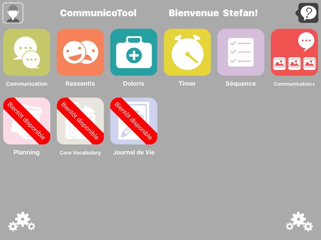 Diapo 2 : Menu principal de l'application CommuniTool, menu: 'Communication' 'Ressentis' 'Doloris' 'Timer' 'Séquence' 'Communication +' 'Planning' 'Core Vocabulary' 'Journal de vie'.