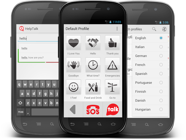 Diapo 1 : 3 Smartphones affichant différentes fonctionnalités de l'application HelpTalk.