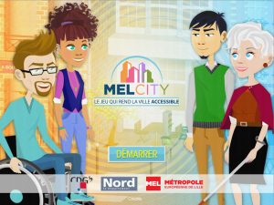 Page d'acceuil de l'application Mel City. Légende: Le jeux qui rend la ville accessible" bouton "Démarrer".