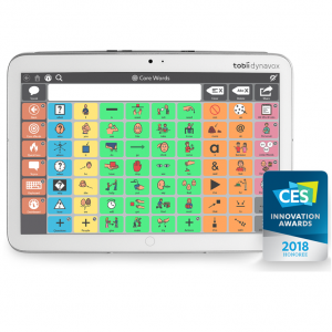 Centre de l’image: Tablette Indi, affichant le clavier de pictogrammes de l’application Core First. Bas de l’image: Logo des CES Innovation Awards , mention « 2018 Honoree »