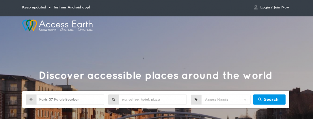Diapo 2 : Page d’accueil et barre de recherche du site Acces Earth, champs de la barre de recherche: 'ville' ' type de lieu' 'besoin d’accessibilité'