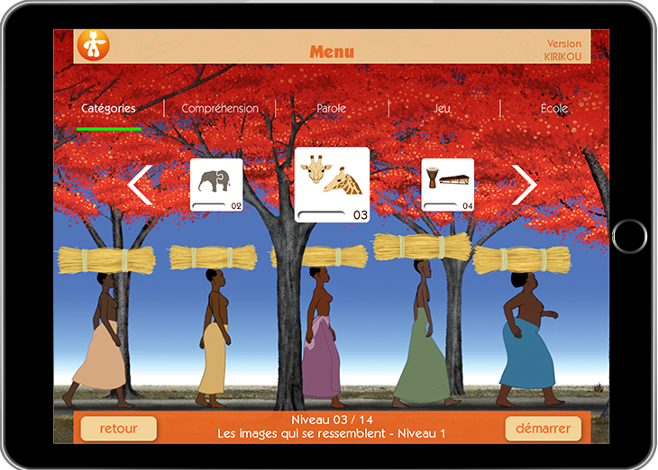 Diapo 3 : Menu principal de l'application Kirikou. Sous-menus : 'Catégories' 'Compréhension' ' 'Parole' ' 'Jeu' 'École'. Image de fond : Femmes africaines portant des bottes de paille sur leurs têtes.