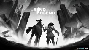 Affiche du jeu A Blind Legend, avec deux personnages en noir et blanc