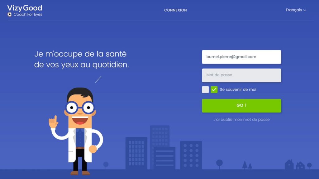 Diapo 2 : Page de connexion du site Vizygood. Gauche de l'image: Un personnage à le doigt levé, au dessus de sa tête un texte indique ' Je m'occupe de la santé de vos yeux au quotidien'. Droite de l'image: Champ 'Adresse mail' champ 'Mot de passe' case à cocher 'se souvenir de moi' bouton 'go' et texte cliquable 'j'ai oublié mon mot de passe'.