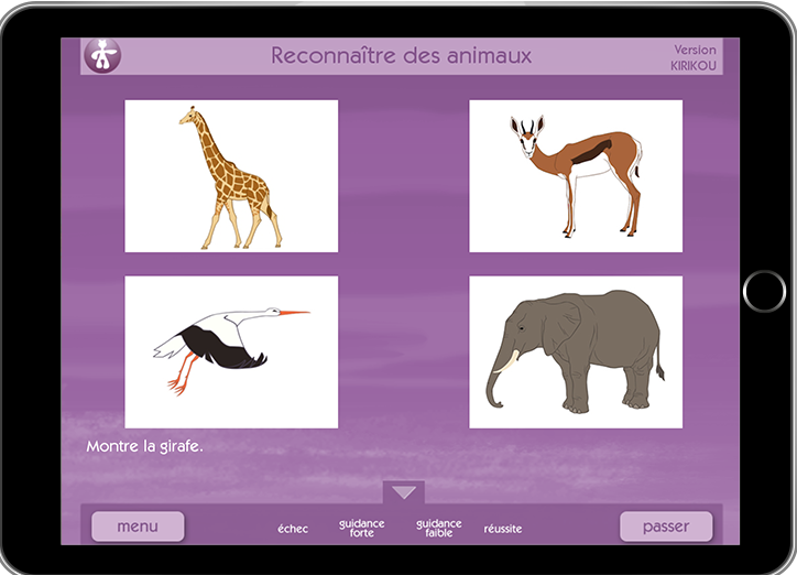 Diapo 4 : Application Kirikou, Exercice 'reconnaître les animaux' Consigne ' Montre la girafe'. Images sélectionnables : 'girafe', 'antilope', 'héron', 'éléphant.'