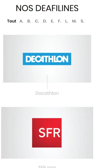 Diapo 2 : Application DeafLine Mobile, page 'Nos Deaflines', options visibles 'Décathlon' 'SFR'.