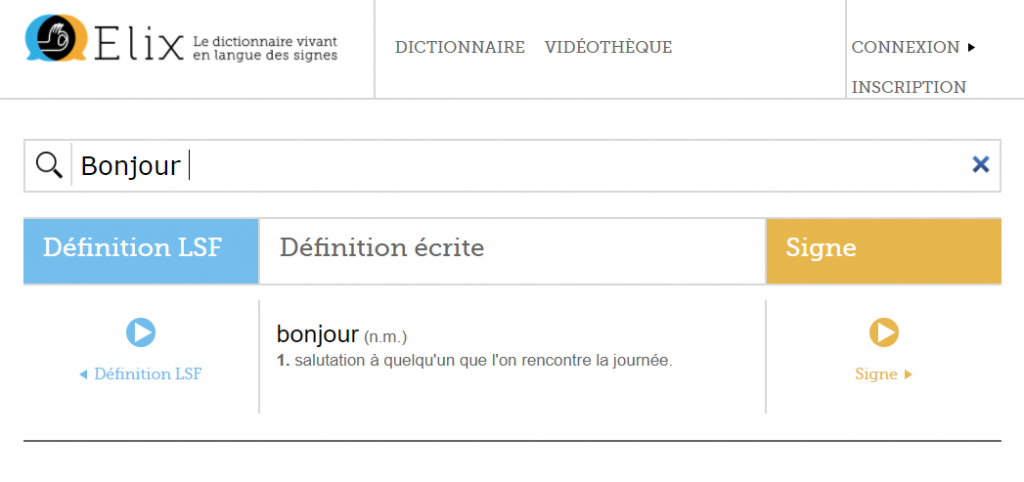 Diapo 2 : Page 'résultat de recherche' du site Elix. Centre de l'image: Barre de recherche, mot recherché 'Bonjour', 'Définition LSF' (Lien vers une définition en LSF) 'Définition écrite': 'bonjour (n.m): Salutation à quelqu'un que l'on rencontre dans la journée.' 'Signe' (lien vers une démonstration vidéo du signe LSF pour 'Bonjour'). Haut de l'image: logo du site Elix, légende: 'Le dictionnaire vivant en langue des signes'. Menu principal, options: 'Dictionnaire' ' Vidéothèque' 'Connexion' 'inscription'