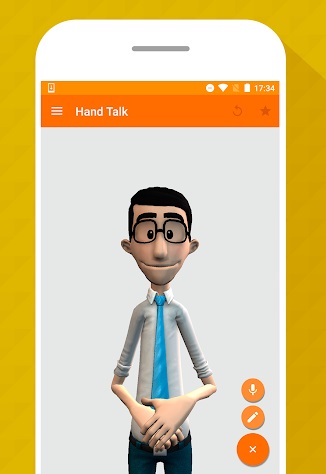 Diapo 4 : Smartphone affichant le personnage digital de l'application handtalk, se tenant prêt à traduire en langue des signes.