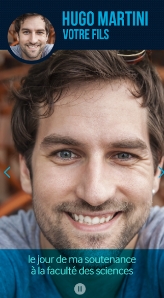 Diapo 3 : Haut de l'image:'Hugo Martini, votre fils'. Centre de l'image: photo d'un jeune homme souriant, légende 'jour de ma soutenance à la faculté des sciences'.