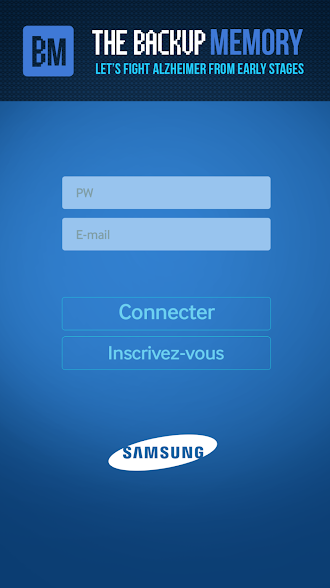 Diapo 4 : Page de connexion de l'application Backup Memory. De haut en bas: Logo de Backup Memory, champ 'Identifiant' champ 'Mot de passe' bouton 'Connecter' bouton 'Inscrivez-vous' et logo de Samsung.