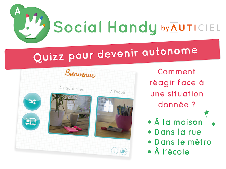 Diapo 4 : Présentation de l'application social handy 'Quizz pour devenir autonome'. Légende : 'Comment réagir face à une situation donnée? A la maison, dans la rue, dans le métro, à l'école.'