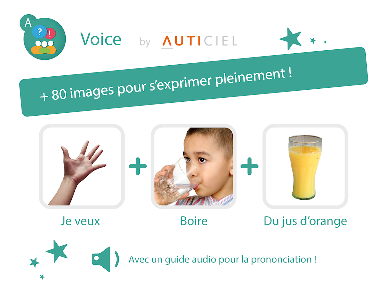 Diapo 5 : Présentation de l'application Voice '+80 images pour s'exprimer pleinement' . Trois images formes un exemple de phrase 'Je veux + boire + du jus d'orange'. Légende : 'Avec un guide audio pour la prononciation'