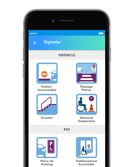 Diapo 5 : Page 'signaler' de l'application Streetco, Options: 'Obstacle' (Trottoir innaccessible, passage piéton, escalier, obstacle temporaire) et 'P.O.I' ( place de parking, établissement accessible).