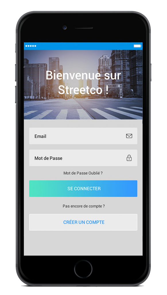 Diapo 6 : Page de connection de l'application Streetco. de haut en bas de l'image: Légende: 'Bienvenu sur streetco' Champ 'email' champ 'mot de passe' bouton 'se connecter' bouton 'créer un compte'.