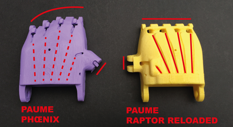 Diapo 3 : Pièces de la paume de deux modèles de prothèse de main : le 'Raptor Reloaded' et le 'Phoenix'.