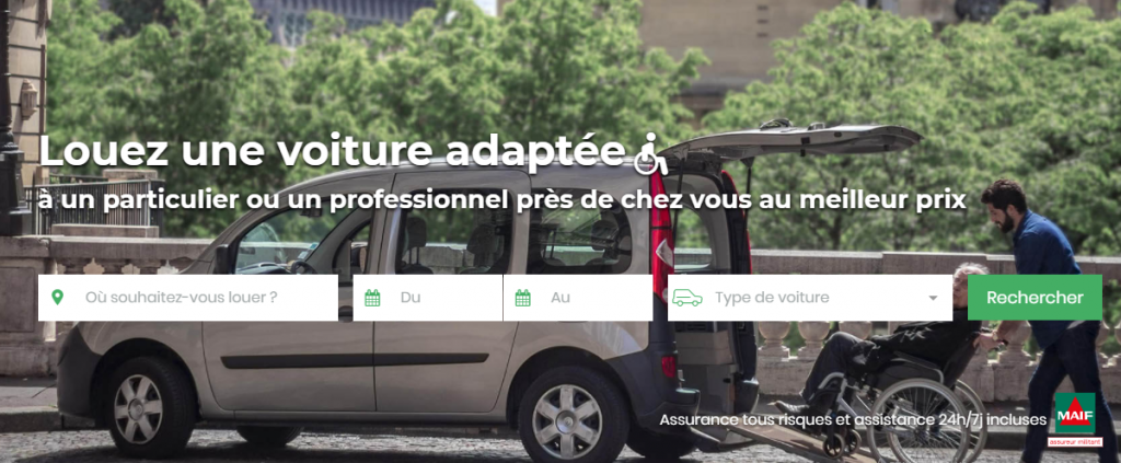 Diapo 2 : Barre de recherche du site Wheeliz. Champs: 'Où souhaitez-vous louer?' 'Du' 'Au' 'Type de voiture', Bouton: 'Rechercher', Légende: ' Louez une voiture adaptée, à un particulier ou un professionnel près de chez vous au meilleur prix'.