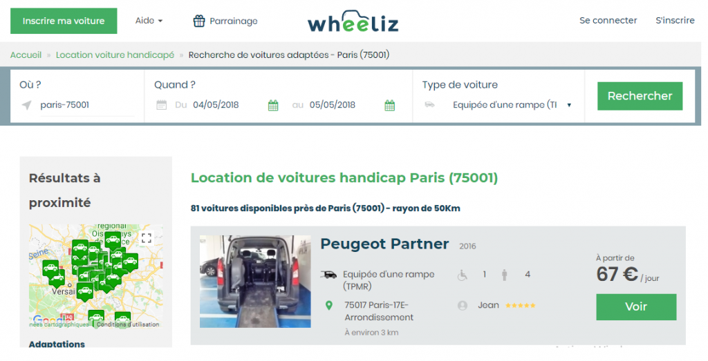 Diapo 3 : Page de résultat de recherche du site Wheeliz. Haut de l'image: Barre de recherche, bas de l'images: résultats de la recherche.