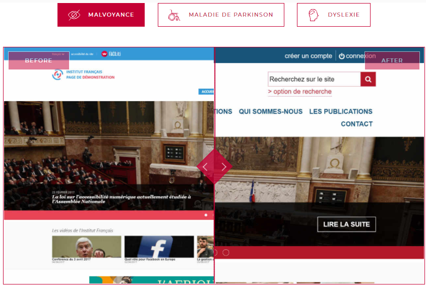 Diapo 4 : Image montrant la différence entre un site avec une page standard et une page adaptée aux malvoyants