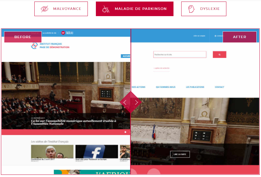 Diapo 3 : Image montrant la différence entre un site avec une page standard et une page adaptée aux personnes ayant la maladie de Parkinson