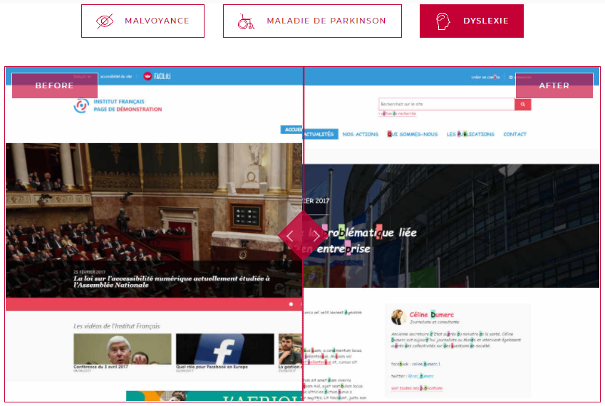 Diapo 5 : Image montrant la différence entre un site avec une page standard et une page adaptée aux dyslexiques