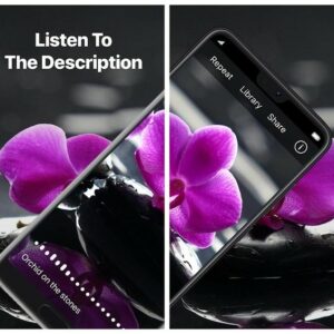 Image d’un téléphone prenant en photo une orchidée violette par le biais de l’application TapTapSee