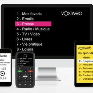 Télévision, smartphone et tablette, affichant l’application Voxiweb