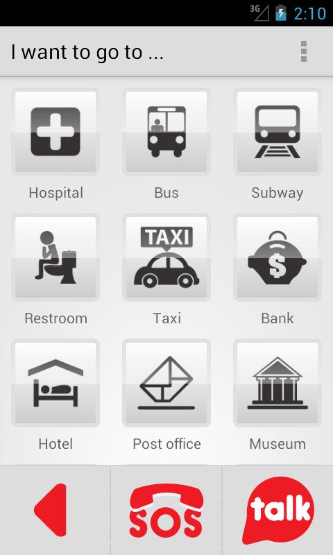 Diapo 2 : Image de l'application HelpTalk sur smartphone qui montre différents que peux choisir la personne (hôpital, bus, etc.)