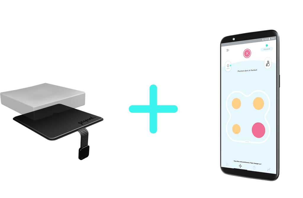 Diapo 4 : Dispositif Gaspard accompagné d'un téléphone avec l'application Gaspard qui montre si la personne est bien positionnée ou non