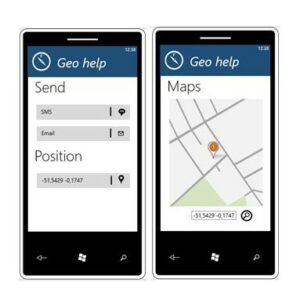 Image de deux smartphones avec l’application Geohelp qui montre la possibiité d’envoyer des messages, de signaler sa position, et d’utiliser la carte pour se diriger