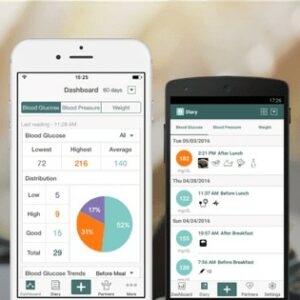 Smartphone affichant l’application Health2Sync avec un tableau de bord et un journal de santé