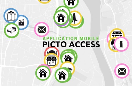 Diapo 5 : Image de l'application Picto Access avec les icones des différents services proposés (hôtels, postes, etc.)