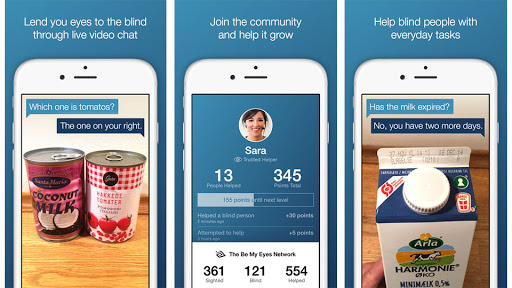 Diapo 4 : Image des fonctionnalités de l'application Be My Eyes sur un smartphone