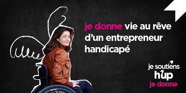 Diapo 3 : Image d'une femme en fauteuil roulant avec écrit à côté 'je donne vie au rêve d'un entrepreneur handicapé'