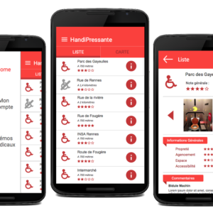 Images de l’application Handipressante sur des smartphones, avec des exemples de toilettes accessibles