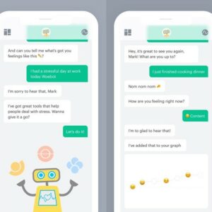 Image de l’application Woebot sur des smartphones  où le robot prend des nouvelles d’une personne par message