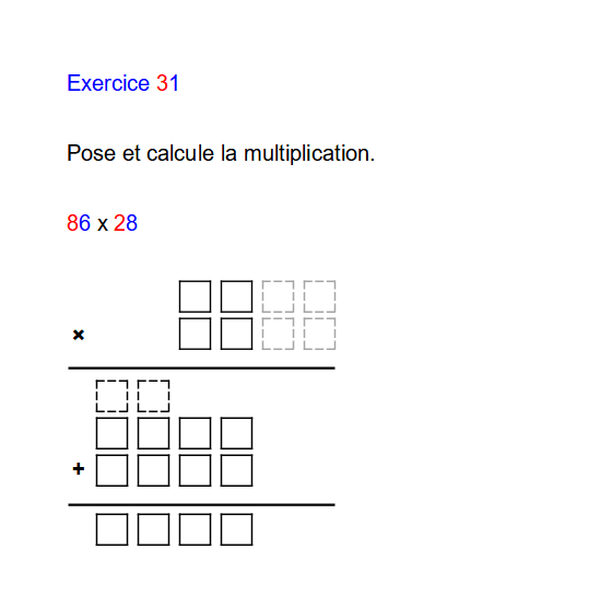 Diapo 4 : Image d'un exercice de la plateforme 'Cartable fantastique' qui représente un calcul à poser avec des chiffres en différentes couleurs pour aider l'enfant