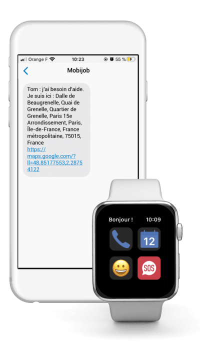 Diapo 3 : Interface de l'application Mobijob sur un smartphone et une montre connectée qui montre un message d'une personne demandant de l'aide en indiquant sa position